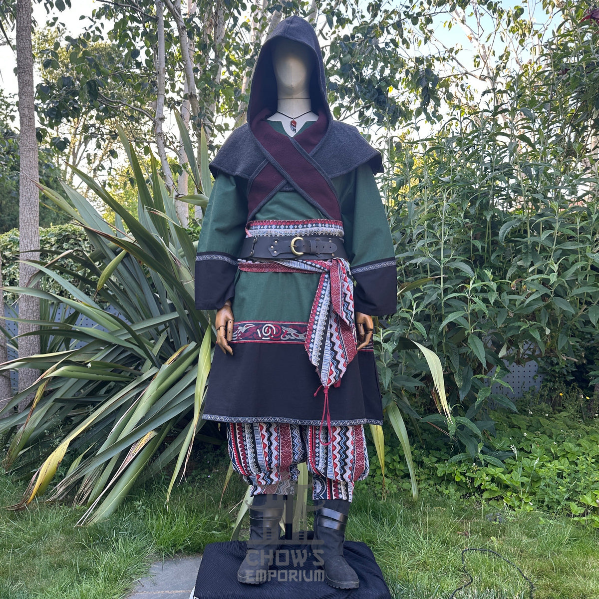 Emerald medieval LARP set with robe, tunic, hood, belt, and trousers.