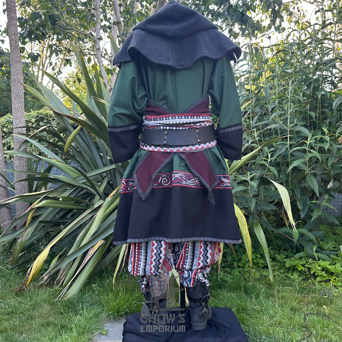 Green and black LARP ensemble with tunic, hood, trousers, sash.