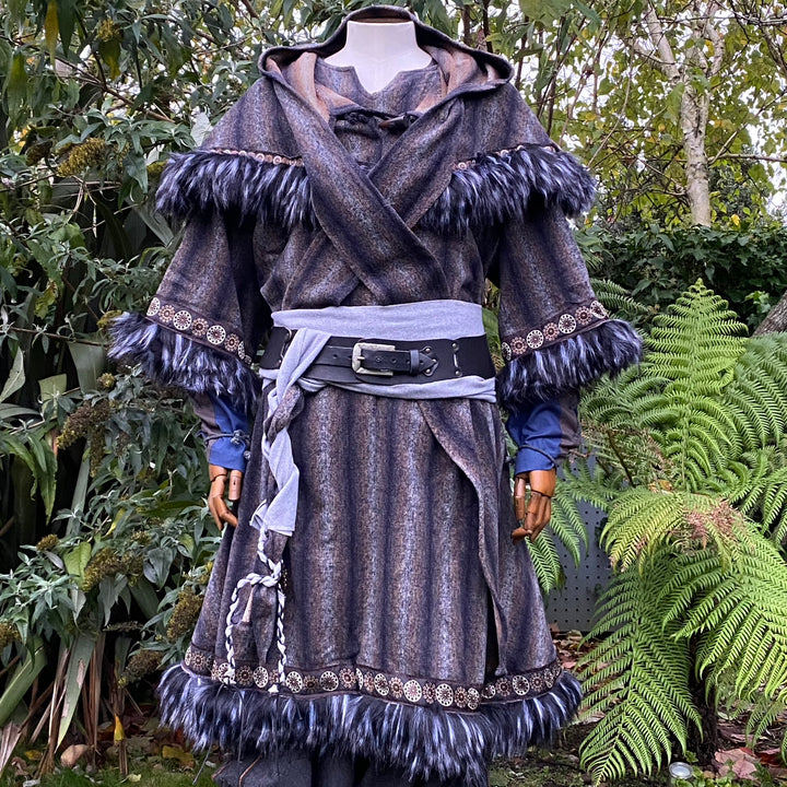 LARP Viking Tunic with Fur trim - Blue & Grey - Mohair Wool Mix - Chows Emporium Ltd