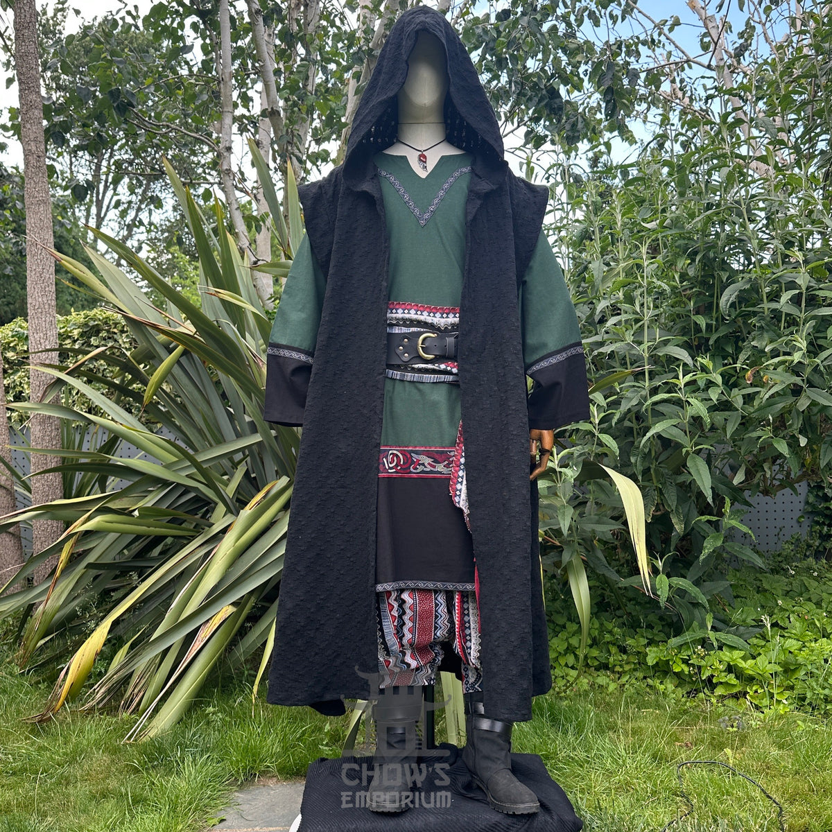 Emerald warrior LARP set with green robe, tunic, hood, front view.