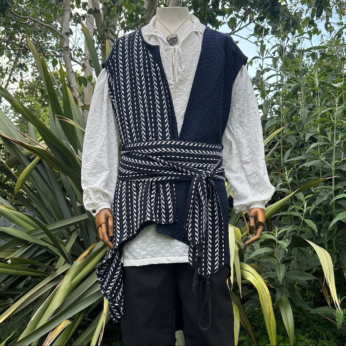 Front view of blue and white pirate waistcoat with matching sash for LARP, medieval, and fantasy.