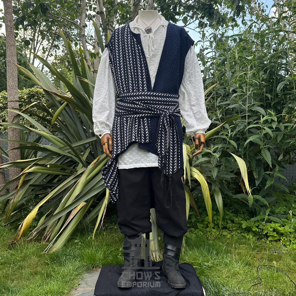 LARP set with navy waistcoat, sash, black pants, and white shirt.