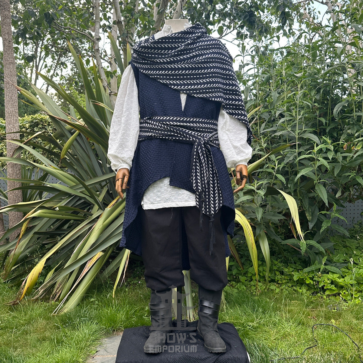 LARP Ocean Explorer set with blue waistcoat, striped sash, black pants.