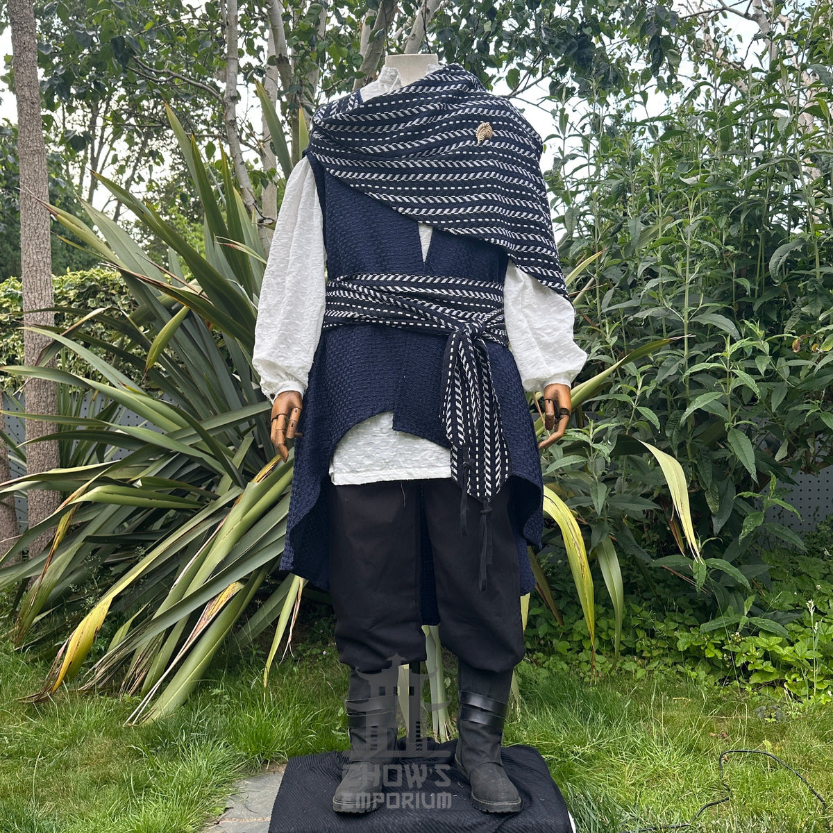Front view of pirate waistcoat with shoulder panel draped over for asymmetrical styling at LARP.