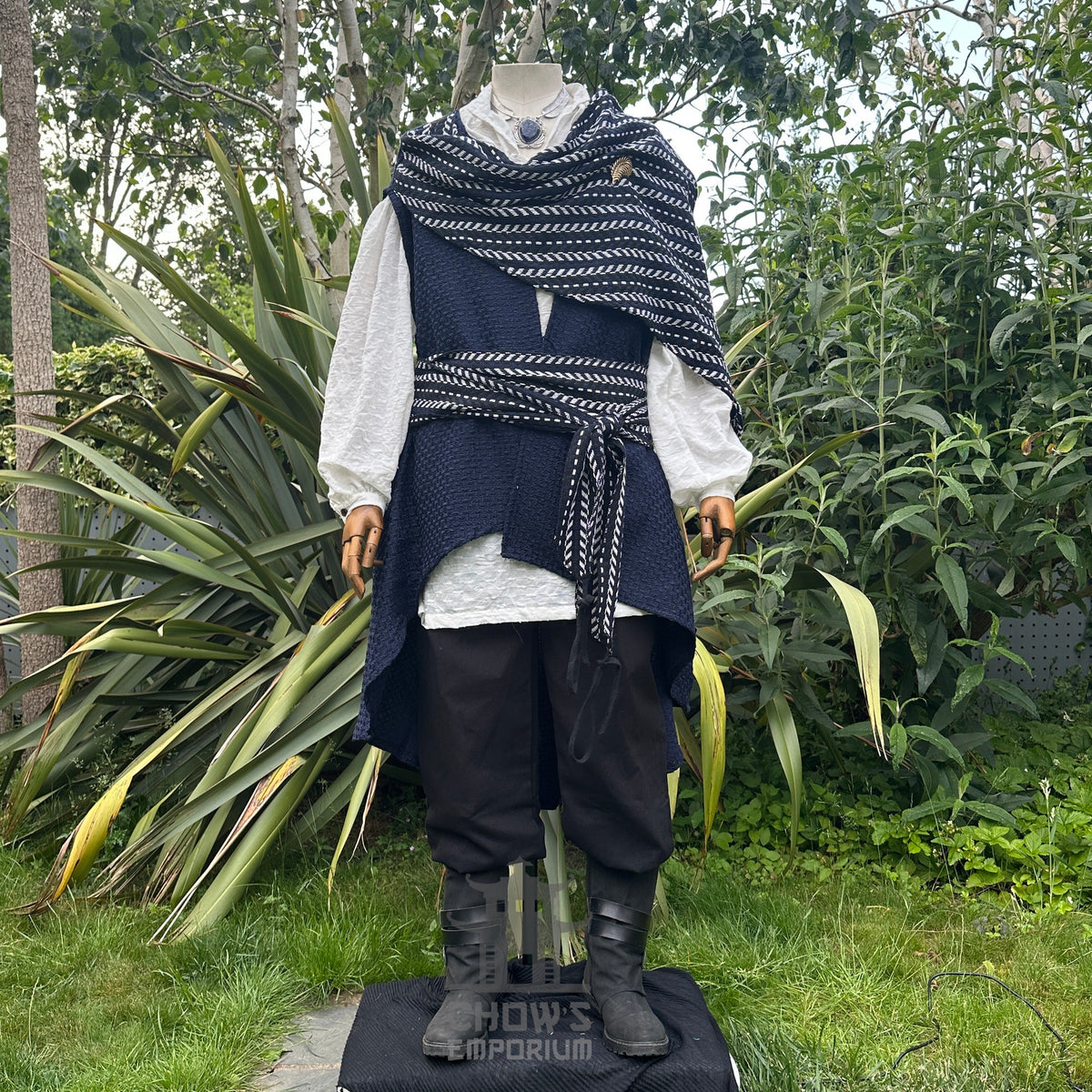 Navy and white layered LARP costume with cloak and sash on mannequin.