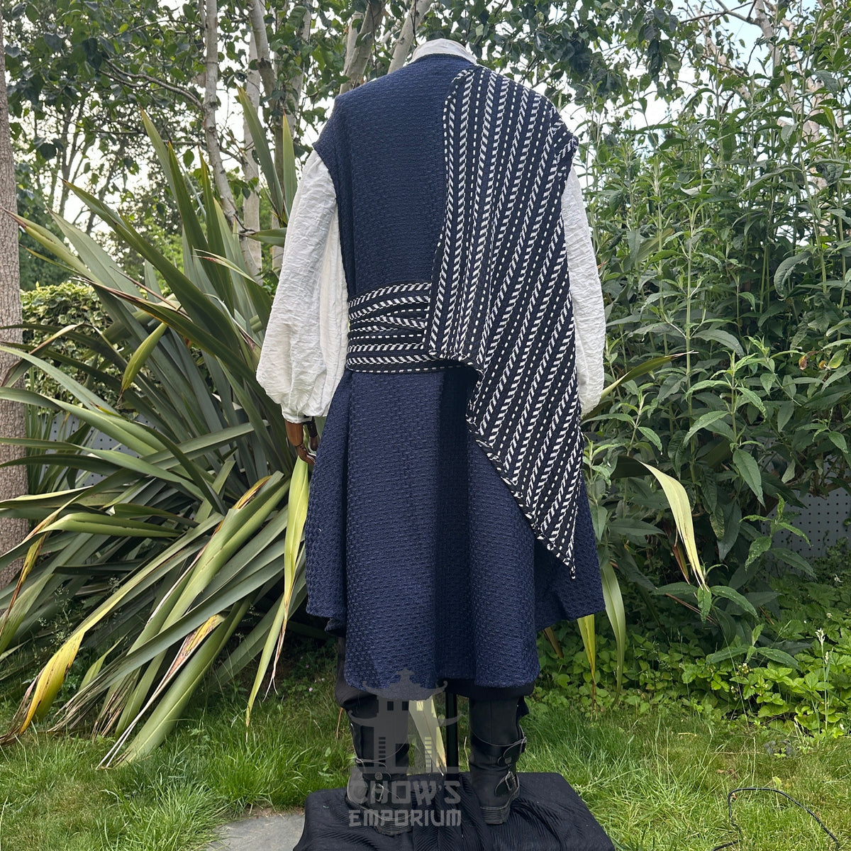Back view of pirate waistcoat with loose flowing panel for dramatic movement and fantasy flair.