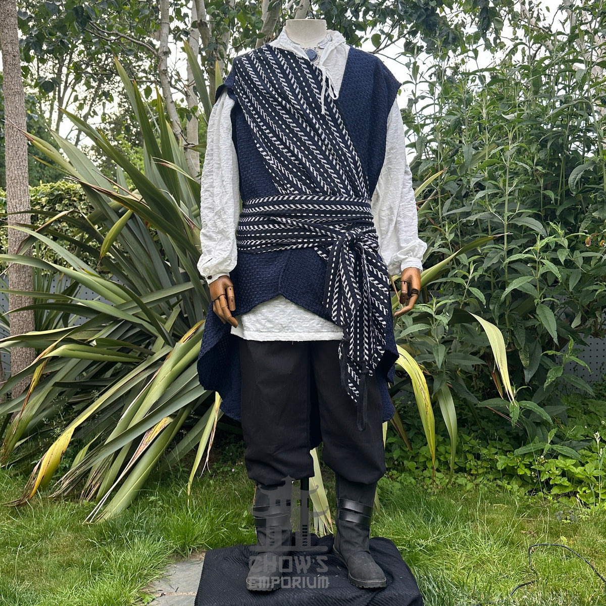 Front view of waistcoat with diagonal tuck styling, creating dynamic pirate or LARP look.
