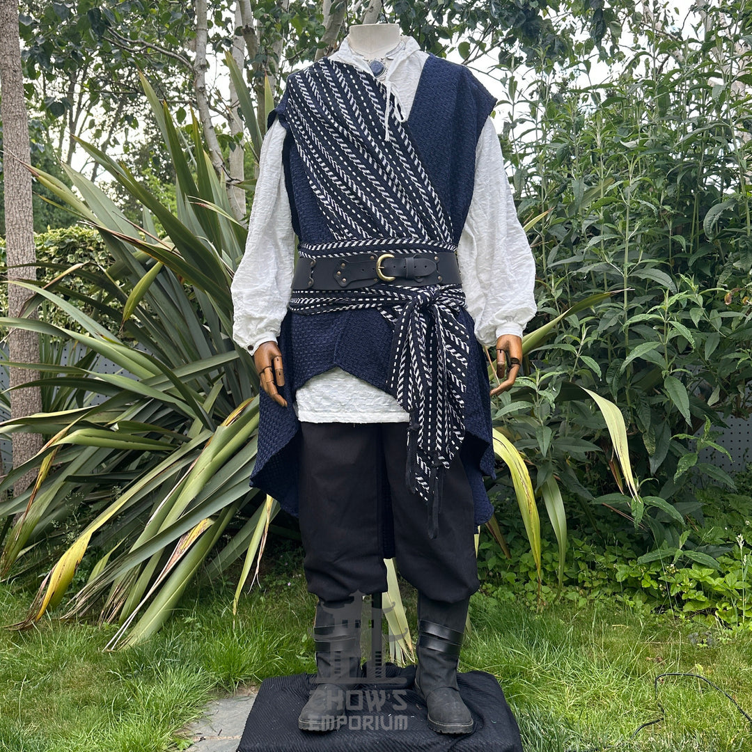 Azure pirate LARP set with waistcoat, shirt, pants, sash, belt, necklace.