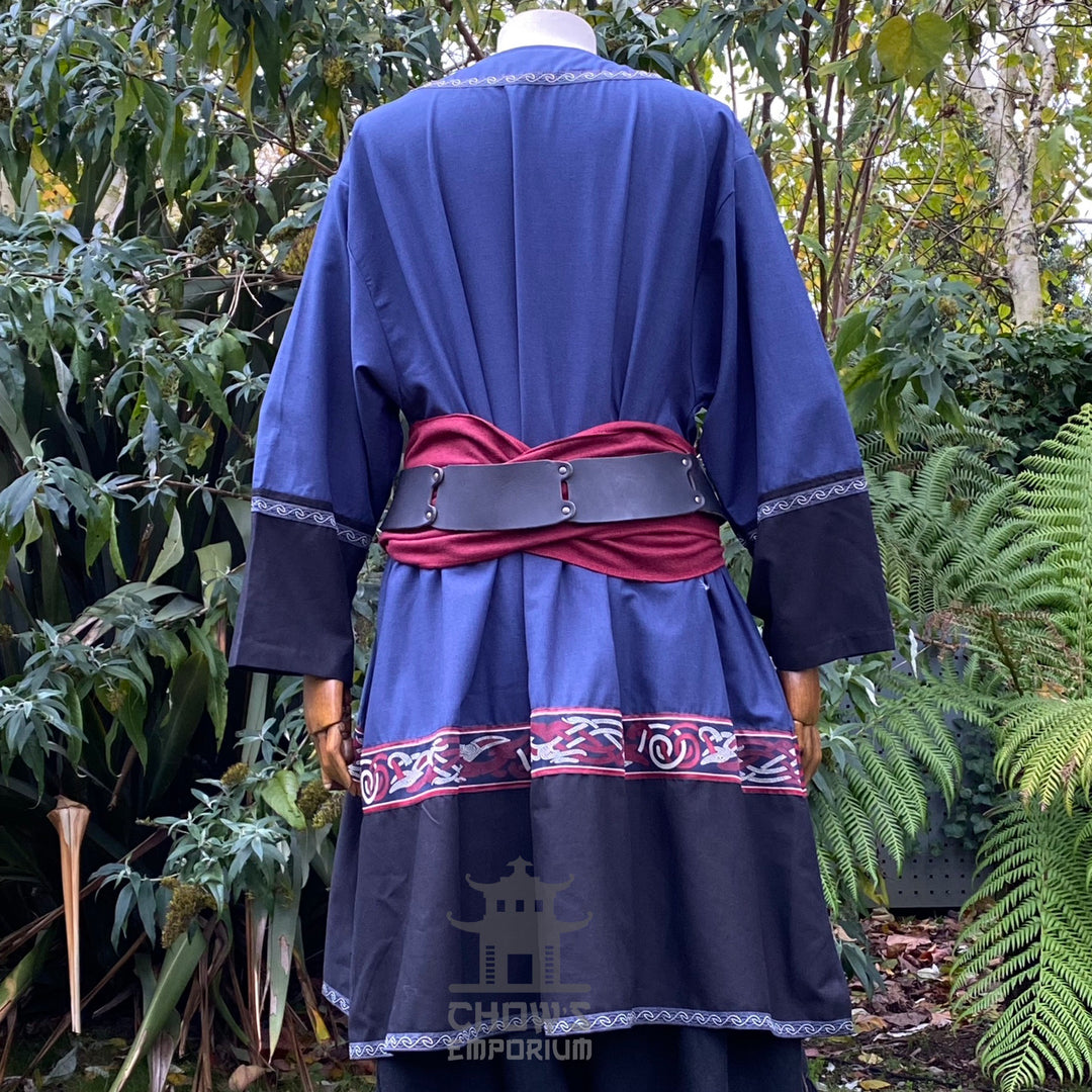 LARP Basic Outfit - 4 Pieces Blue & Red (Viking Tunic, Hood, Pants & Sash)