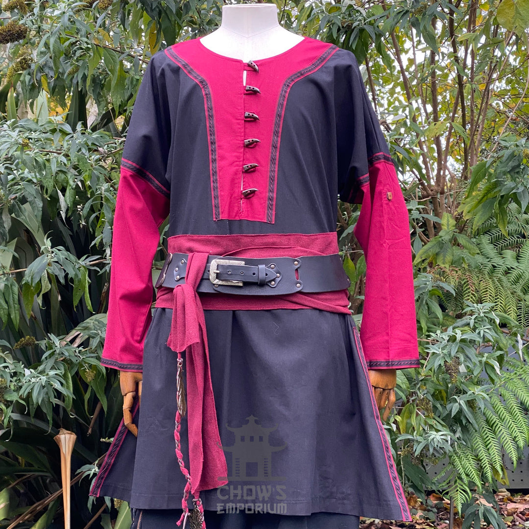 Tenue de LARP Storm Wizard - 5 pièces ; Gilet effet suède bleu, capuche, tunique, brassards, ceinture