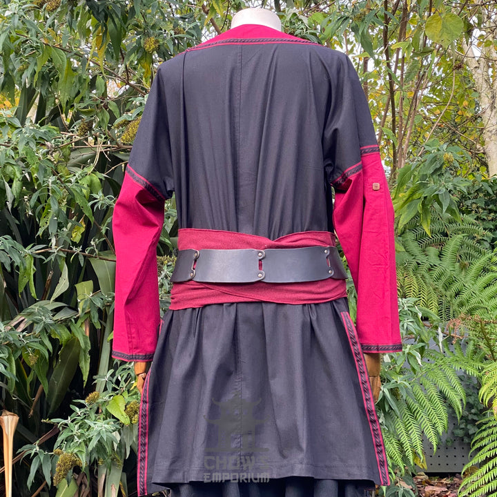 Tenue de LARP Storm Wizard - 5 pièces ; Gilet effet suède bleu, capuche, tunique, brassards, ceinture