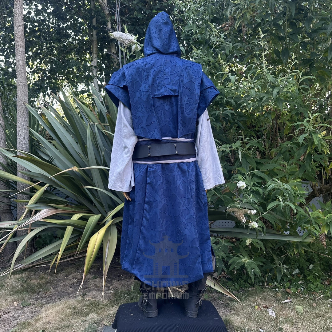 Blue Panelled Waistcoat & Hood LARP Set, 2 Pieces (Waistcoat & Scarf Hood)