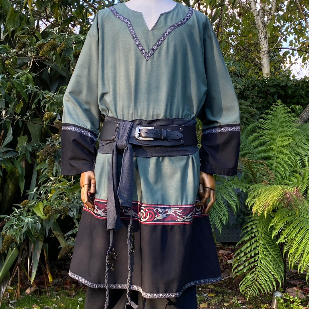 LARP Basic Outfit - 3 Pieces:  Green & Black Two Tone Tunic, Trousers and Sash - Chows Emporium Ltd