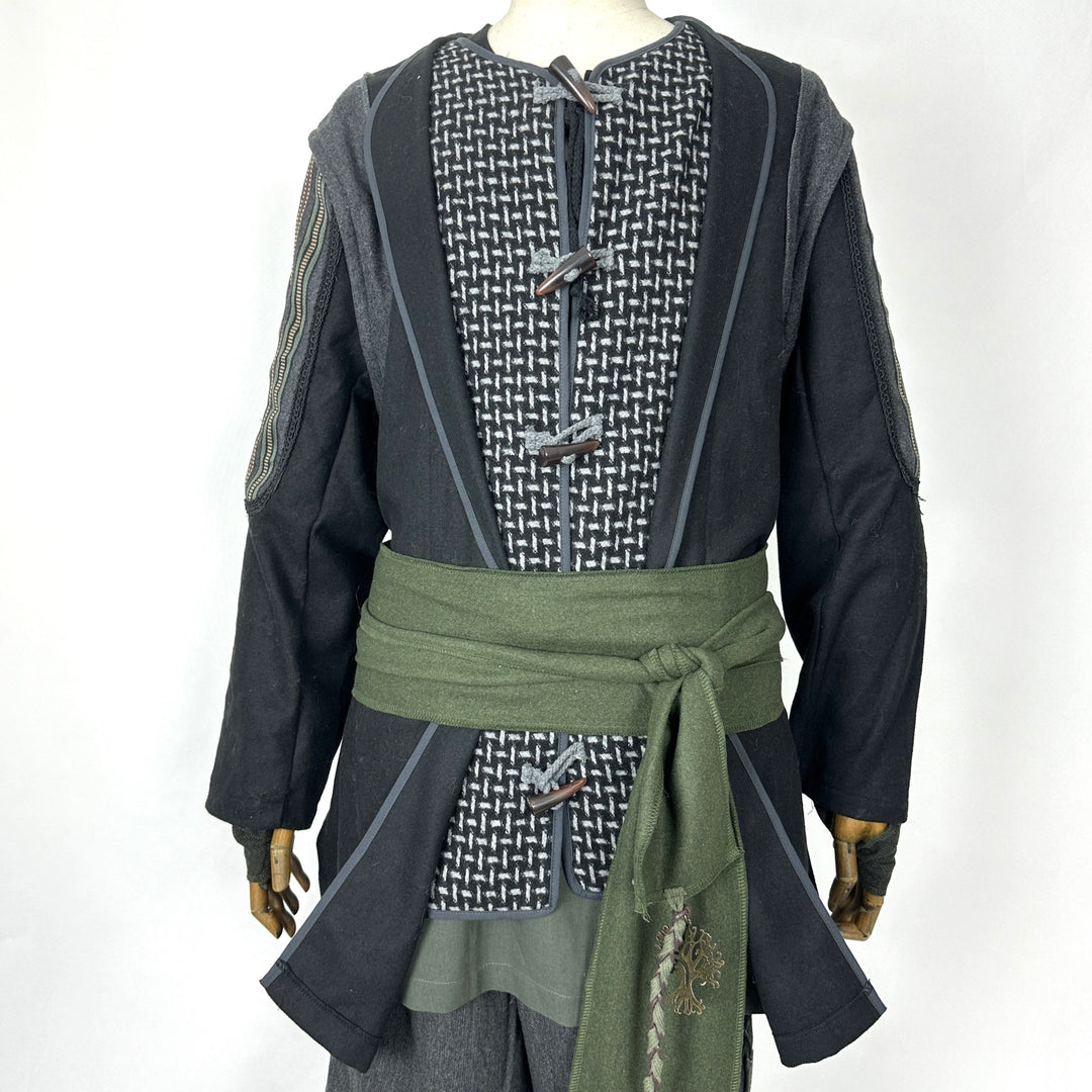 Master Mountain Druid LARP Outfit - 6 Pieces, Green Jacket, Faux Leather Hood and Vambraces, Shirt, Pants and Sash