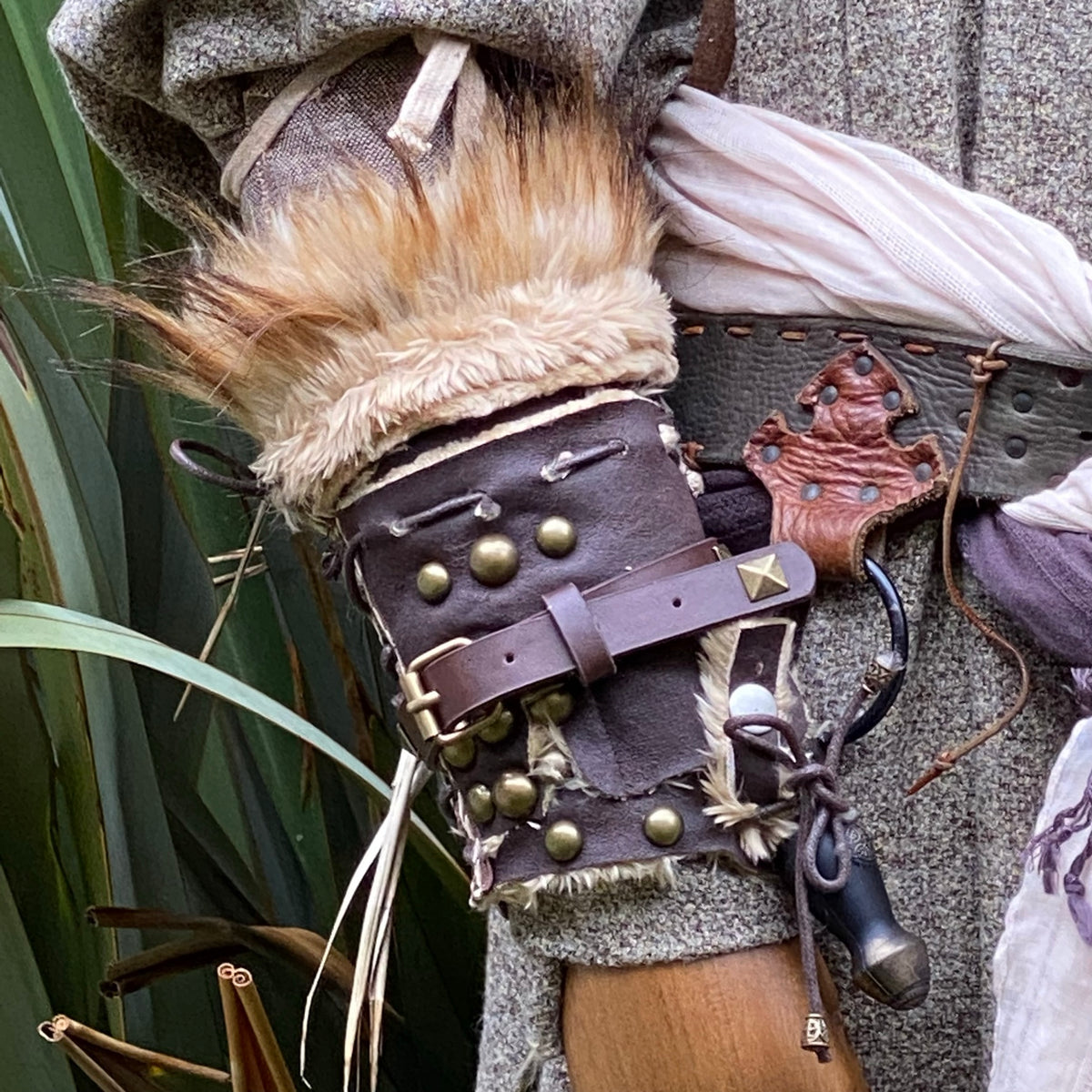 Battle Master LARP Outfit - 3 Pieces; Jacket, Ornate Hood, Vambraces - Brown Faux Leather Fleece.