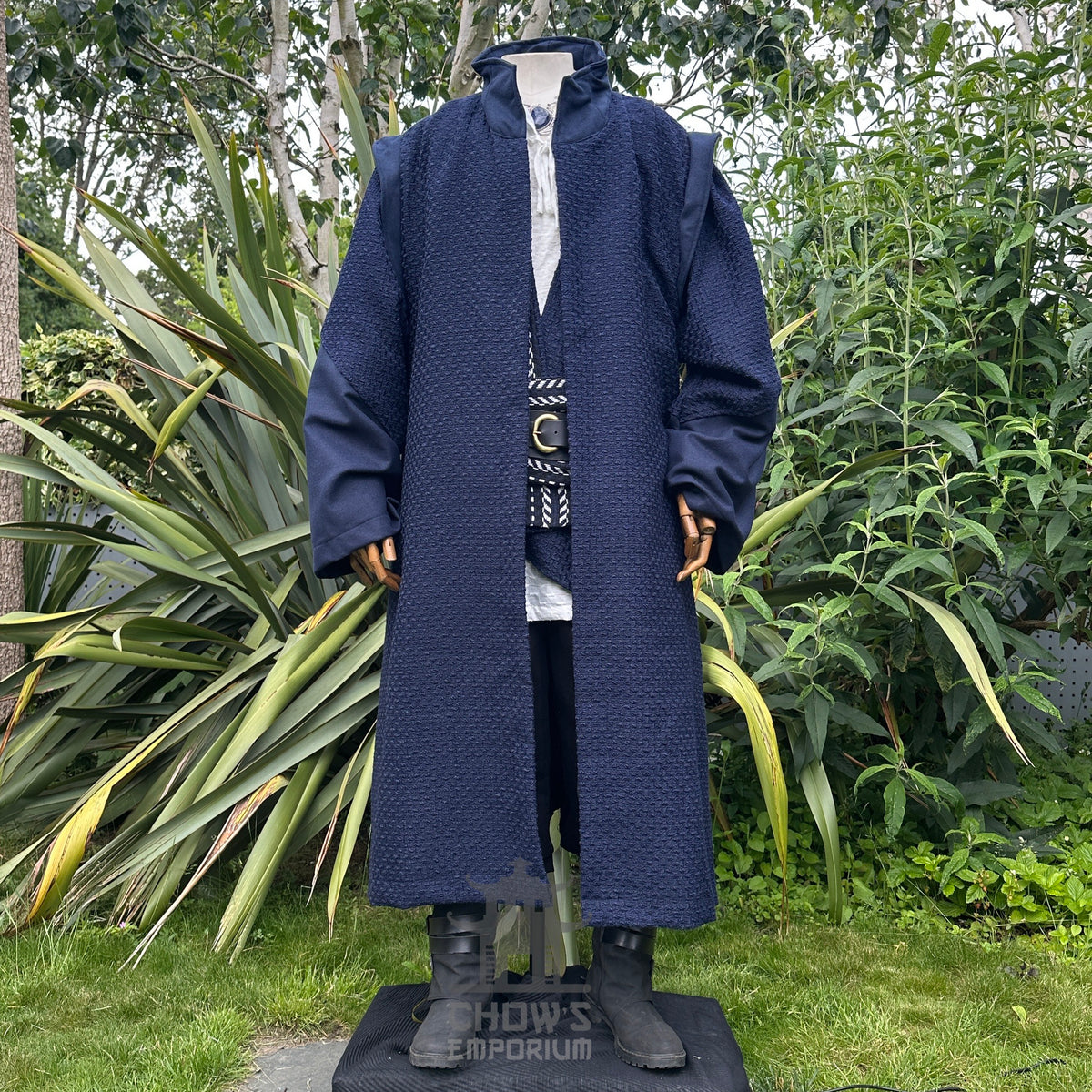 Azure Sea Admiral LARP set: textured navy robe, white shirt, front view.