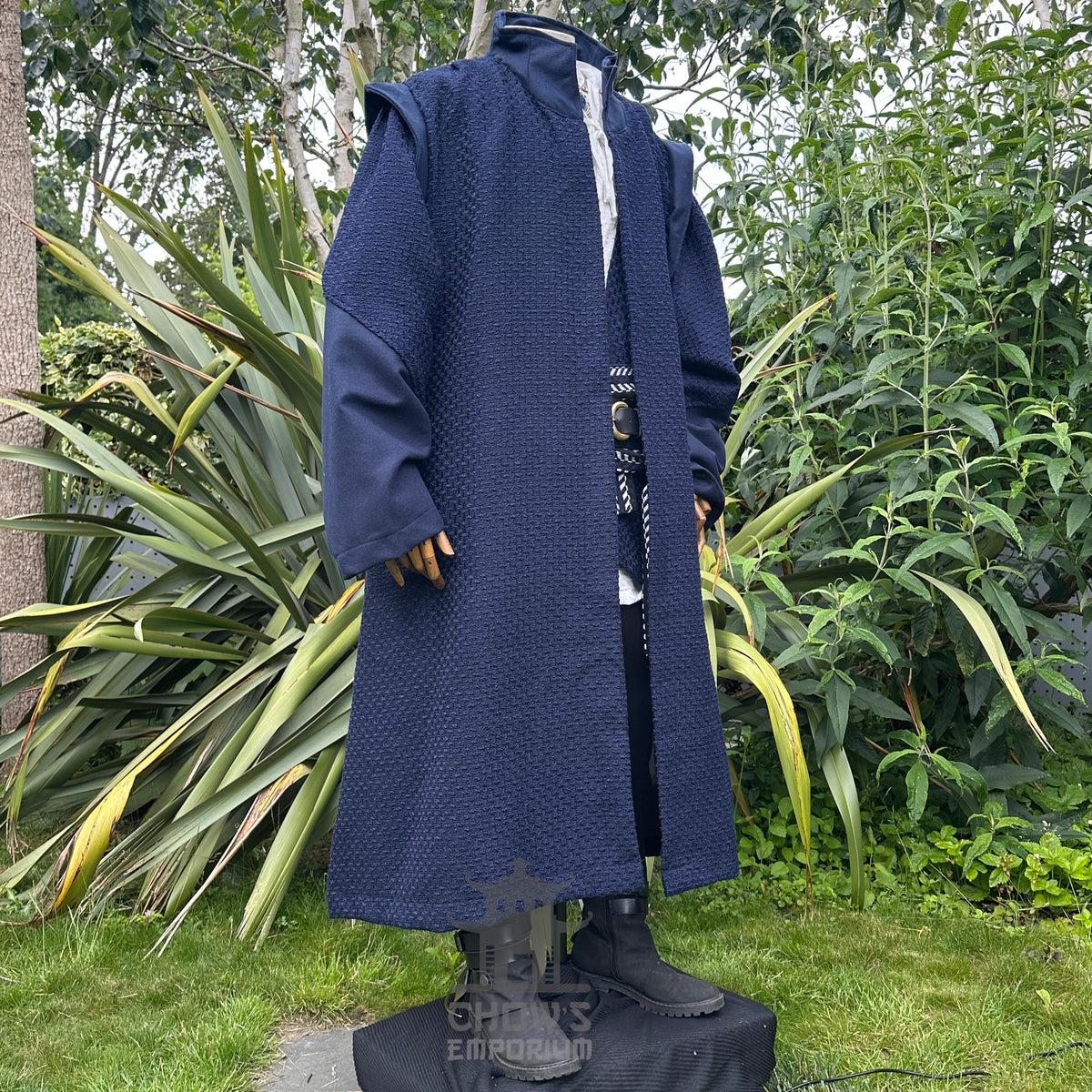 Azure LARP coat and vest on mannequin, woven texture, front view.