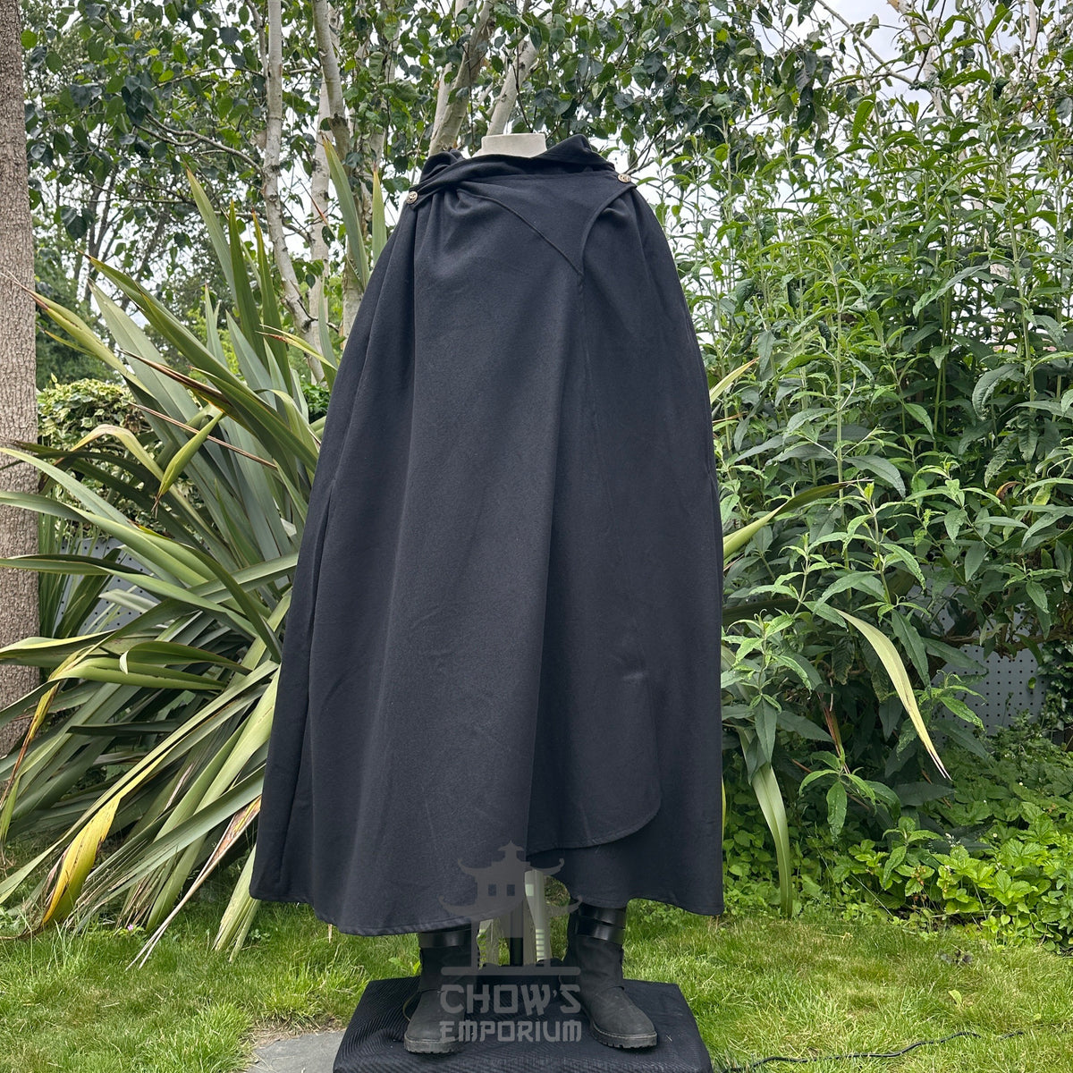 Front closed view of black wool hooded LARP cloak and robe, medieval fantasy cosplay costume for.