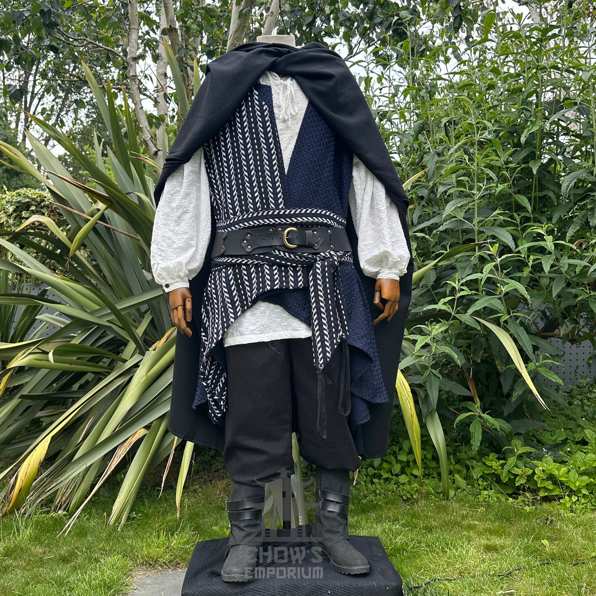 LARP pirate ensemble with striped waistcoat, cloak, and buckle belt, front view.