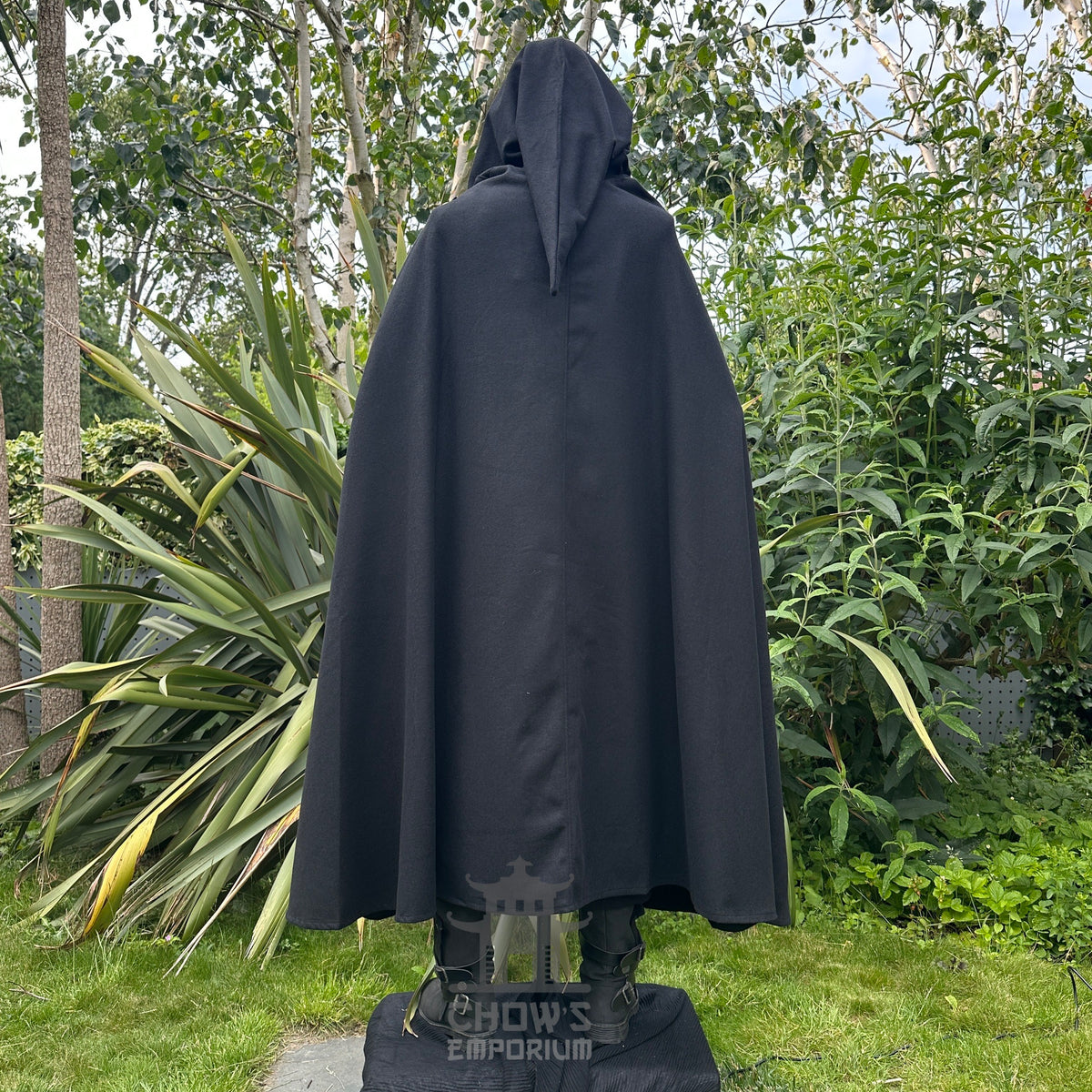 Back view of black hooded wool LARP cloak, medieval fantasy cosplay costume for wizards, mages.