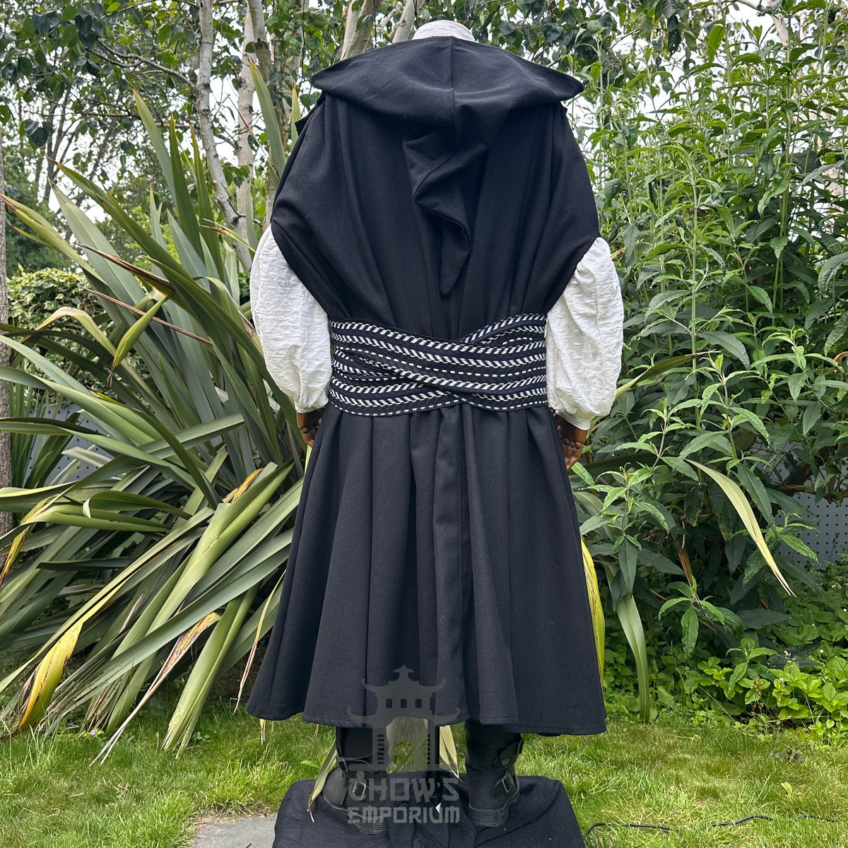 Full-length black wool hooded LARP cloak, medieval fantasy cosplay costume for wizards.