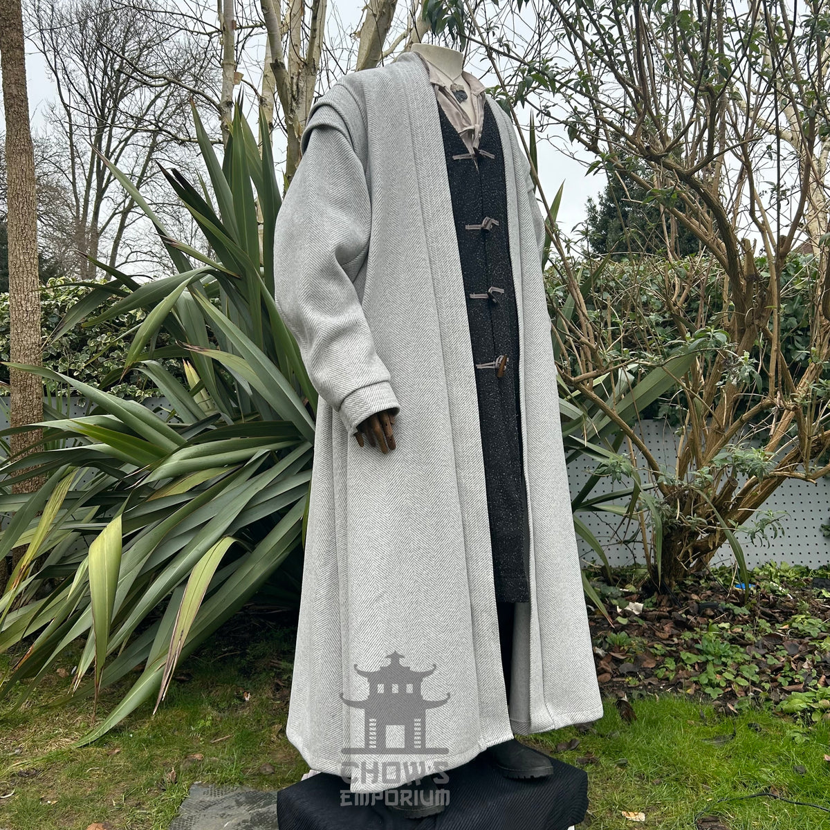 Side view of light grey herringbone medieval LARP robe, versatile fantasy cosplay costume for.