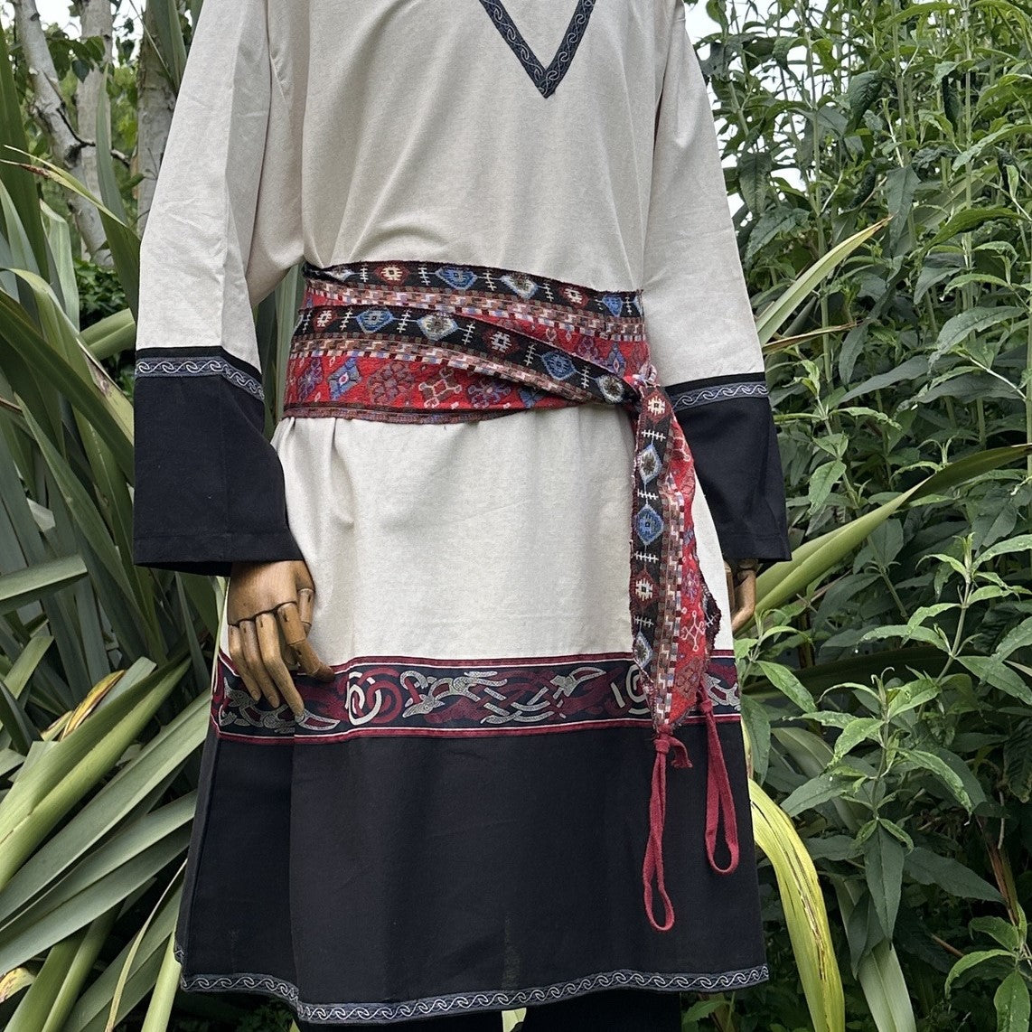 LARP belt and sash set in red Aztec pattern on buffalo leather, waist view.