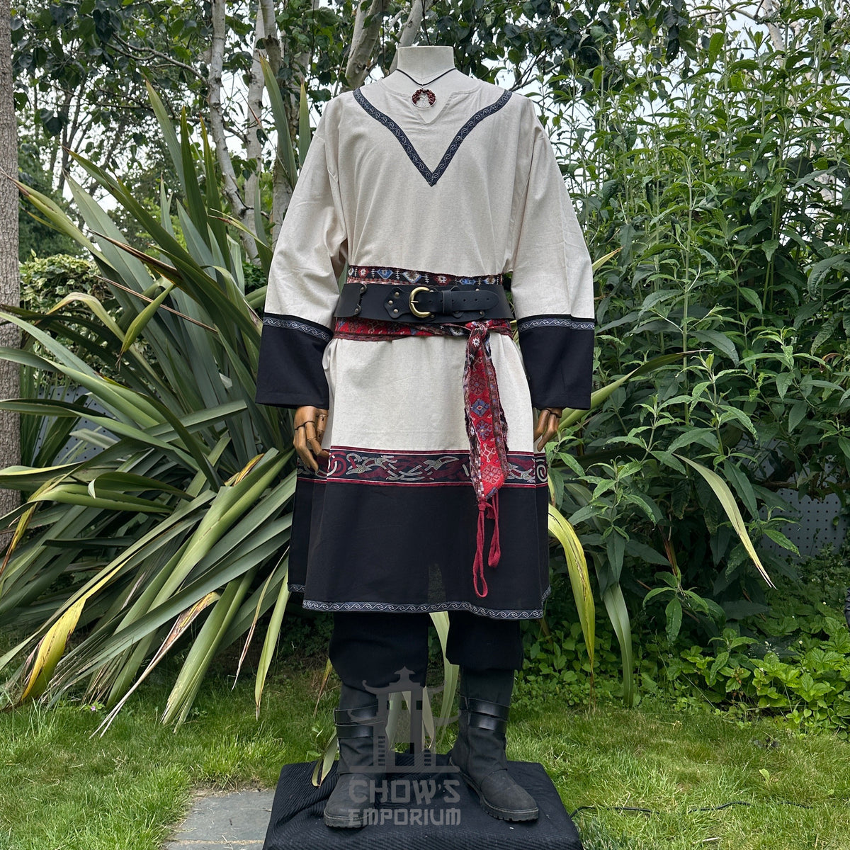 Viking tunic in white and black, front view, ideal for medieval LARP events.