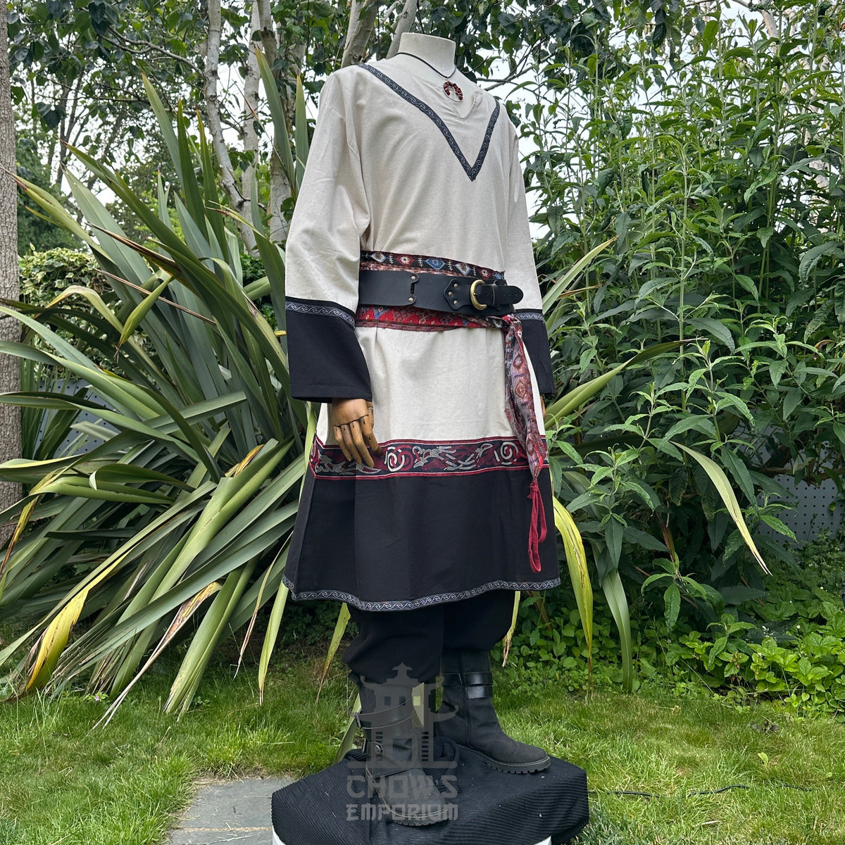 White and black Viking tunic with belt, front view, ideal for medieval LARP.