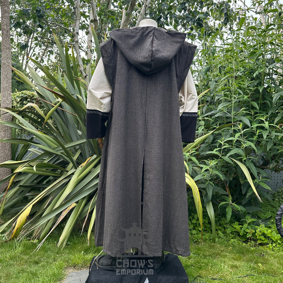 Back view of medieval hooded cloak and cream sleeves for LARP.