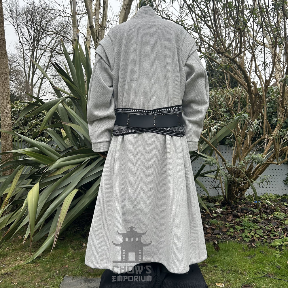 Medieval LARP costume back view, featuring a light grey full length robe, two-tone jacket, shirt, trousers, and accessories. For Renaissance Faire and historical roleplay events.