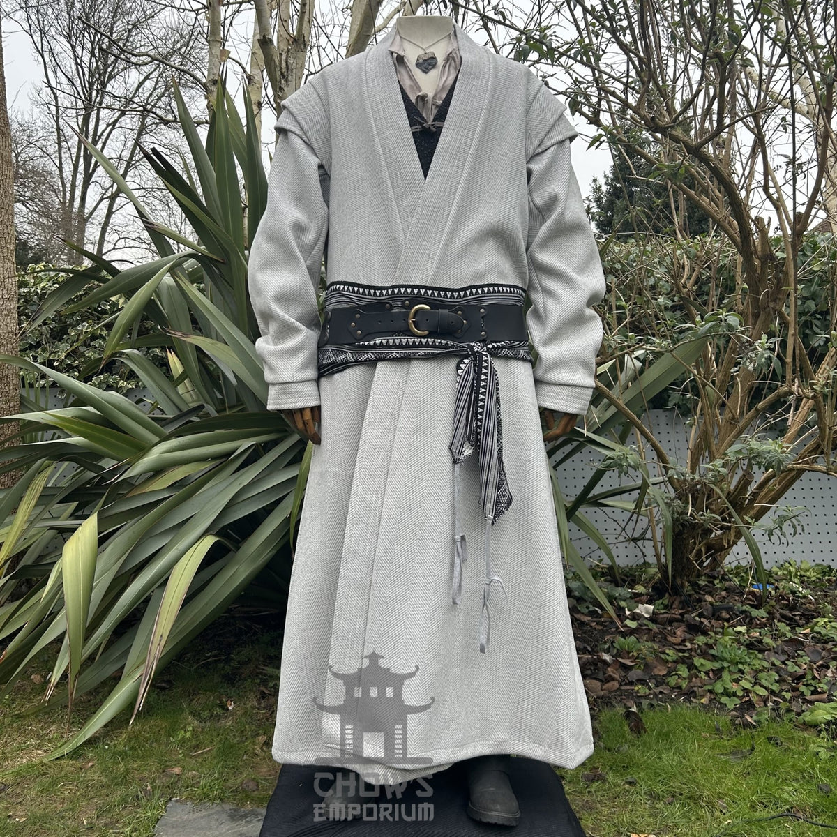 Grey medieval LARP robe and accessories on mannequin, front view.