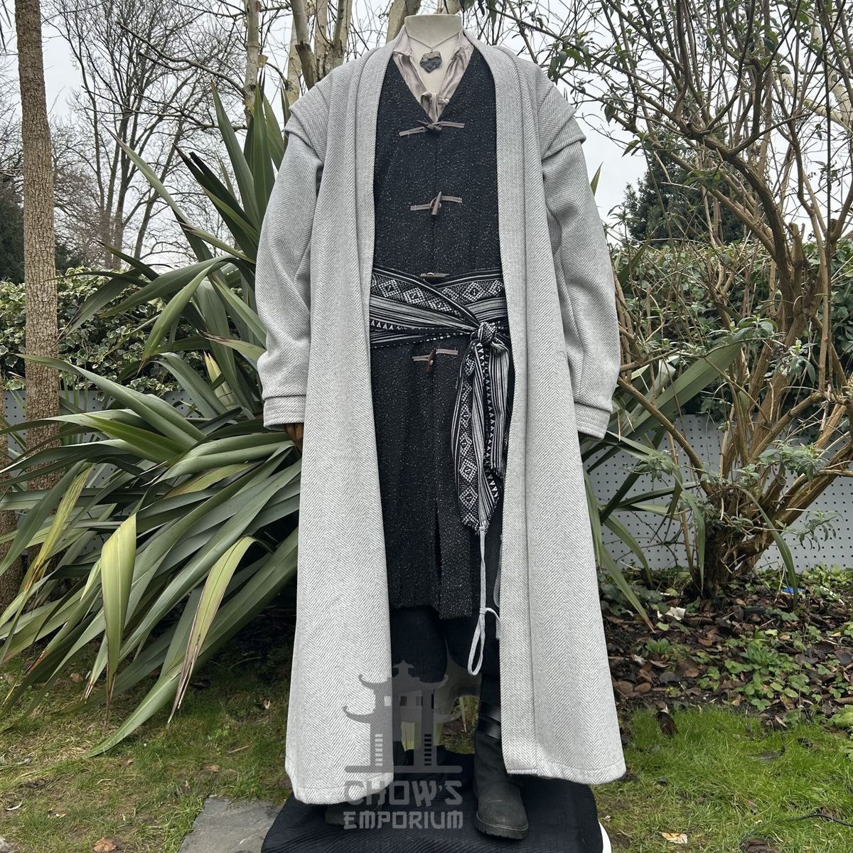 Grey robe, black tunic, sash, LARP medieval costume on mannequin.