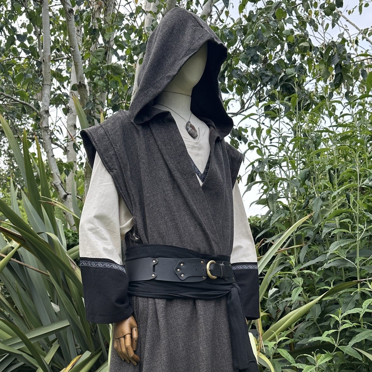 Mystic Warrior LARP costume set with hooded robe, belt, and tunic in dark grey.