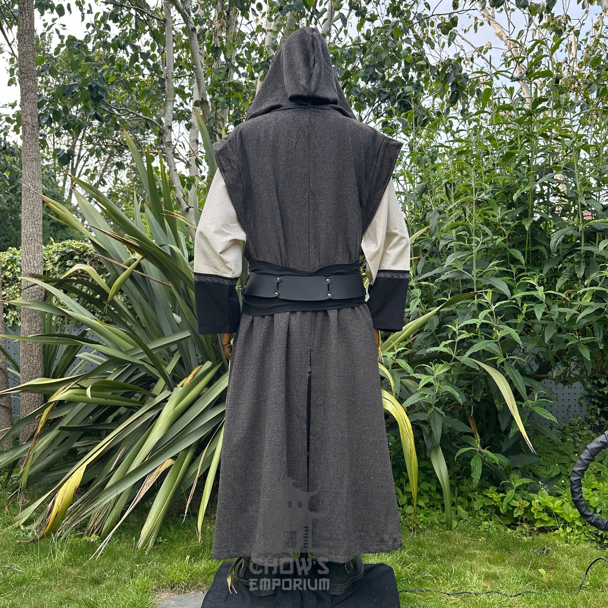 Back view of hooded brown herringbone sleeveless LARP robe, medieval fantasy cosplay costume for.