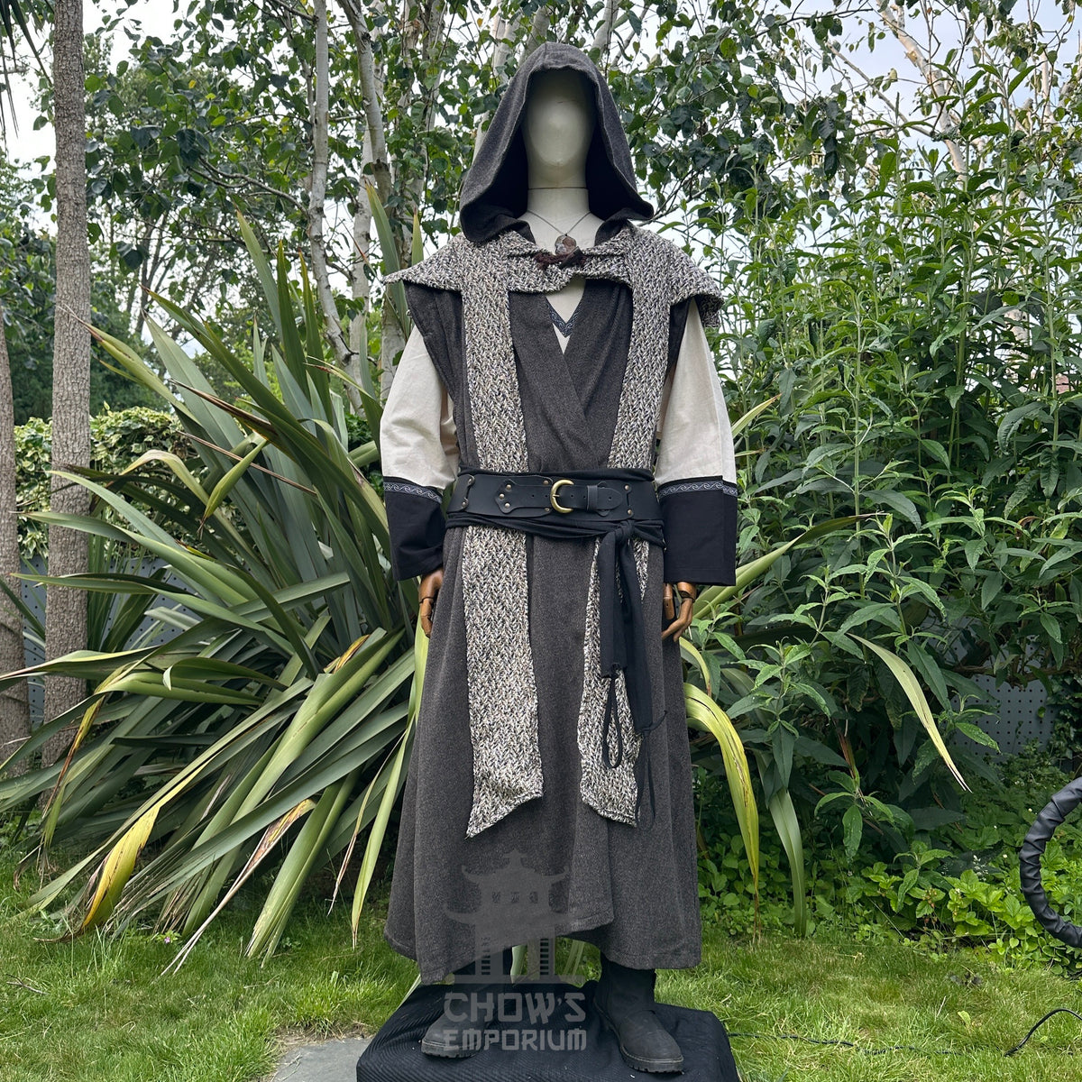 Hood up. Brown herringbone hooded LARP robe worn over tunic and belt, medieval fantasy cosplay.
