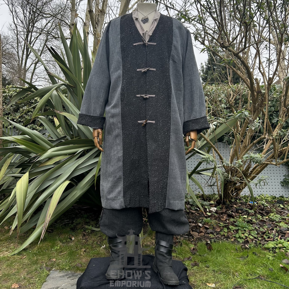 Full-length grey and black two-tone pirate LARP coat, authentic medieval fantasy cosplay costume.