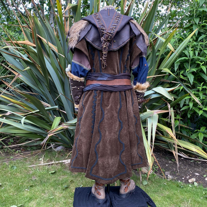 Dwarf Lord LARP Outfit - 4 Pieces; Brown Panel Waistcoat, Brown & Blue Tunic, Hood, Vambraces - Chows Emporium Ltd