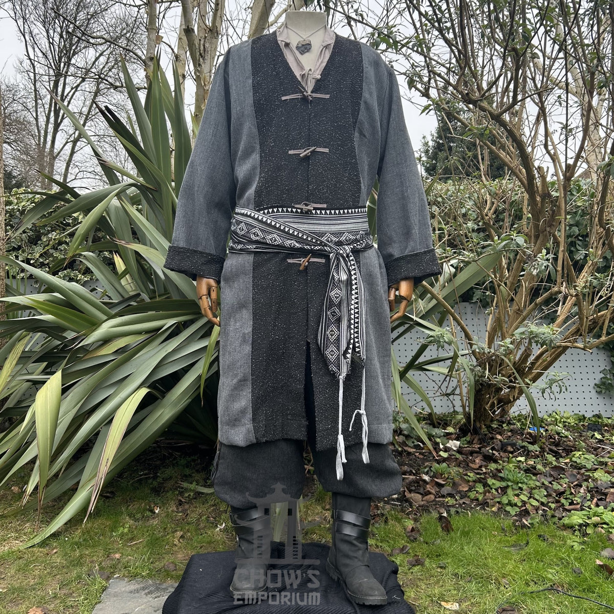Grey and black medieval LARP tunic set with decorative sash.