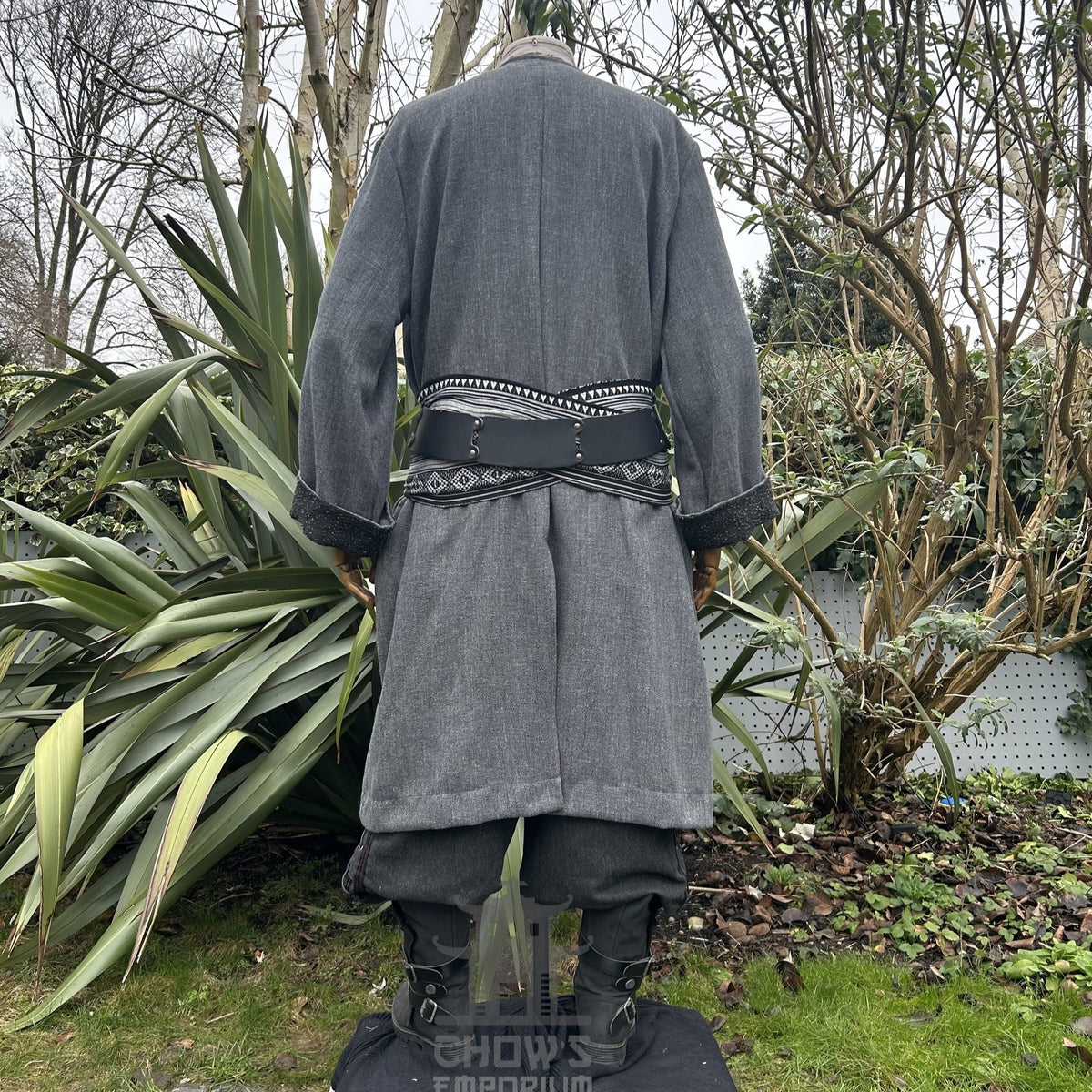 Grey LARP robe set with black belt, back view on mannequin.