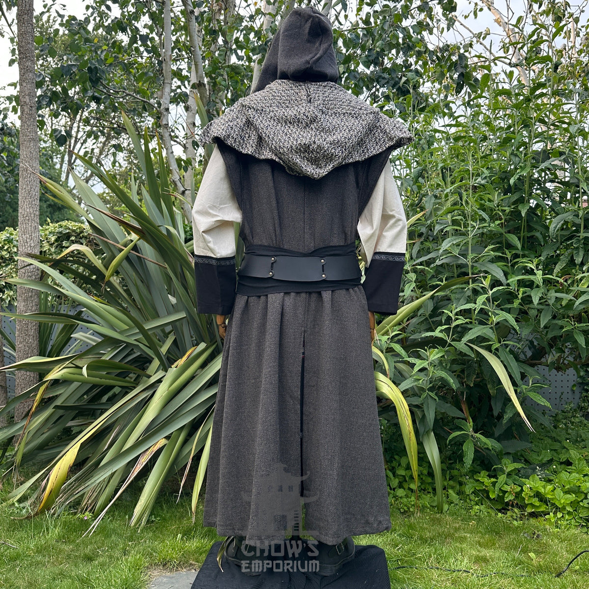 Brown herringbone hooded LARP robe worn over tunic and belt, medieval fantasy cosplay costume.