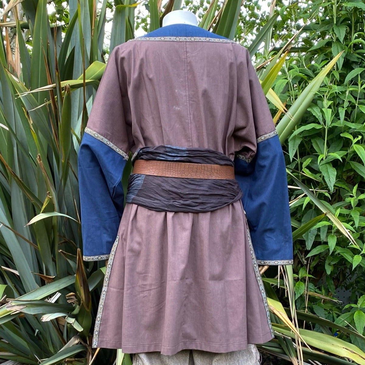 brown and blue button-front Viking tunic for fantasy outfit.