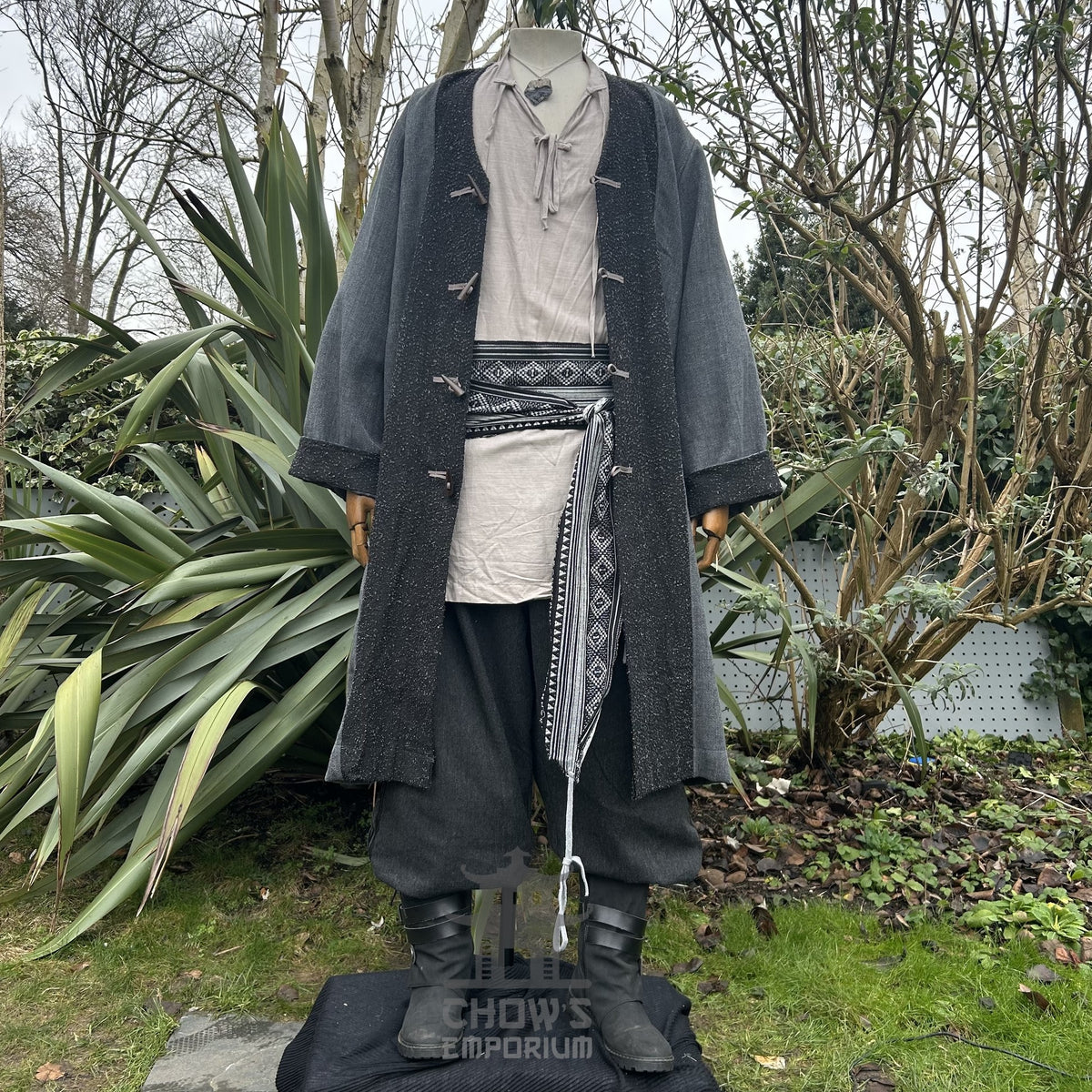 LARP medieval pirate coat and tunic with patterned belt, front view.