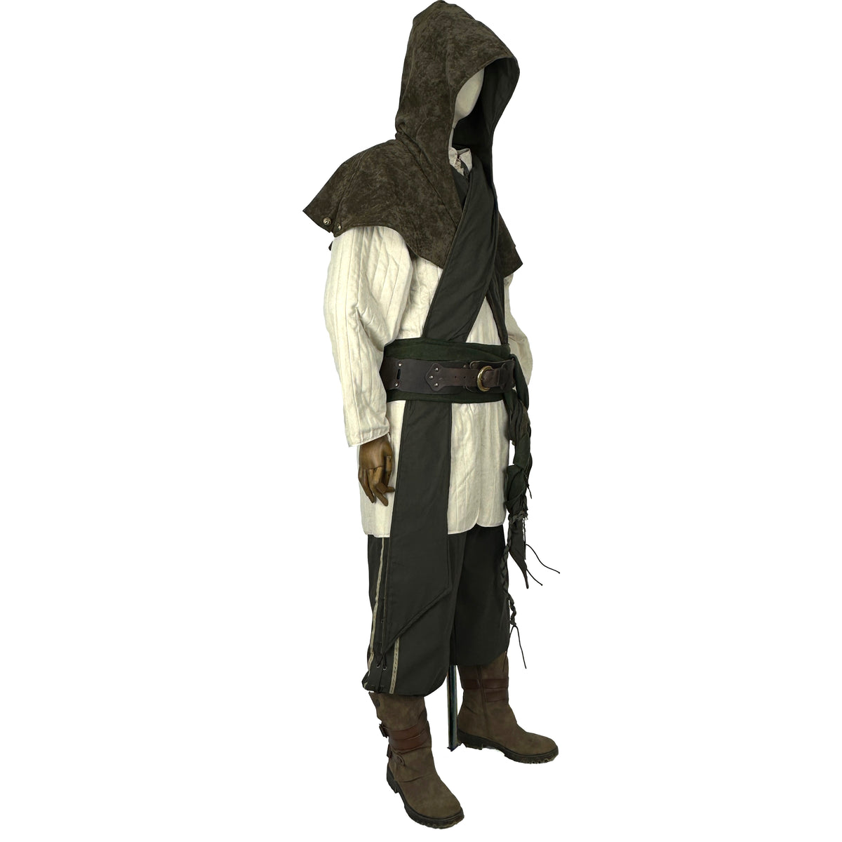Green medieval LARP outfit with hood, gambeson, pants, side view.