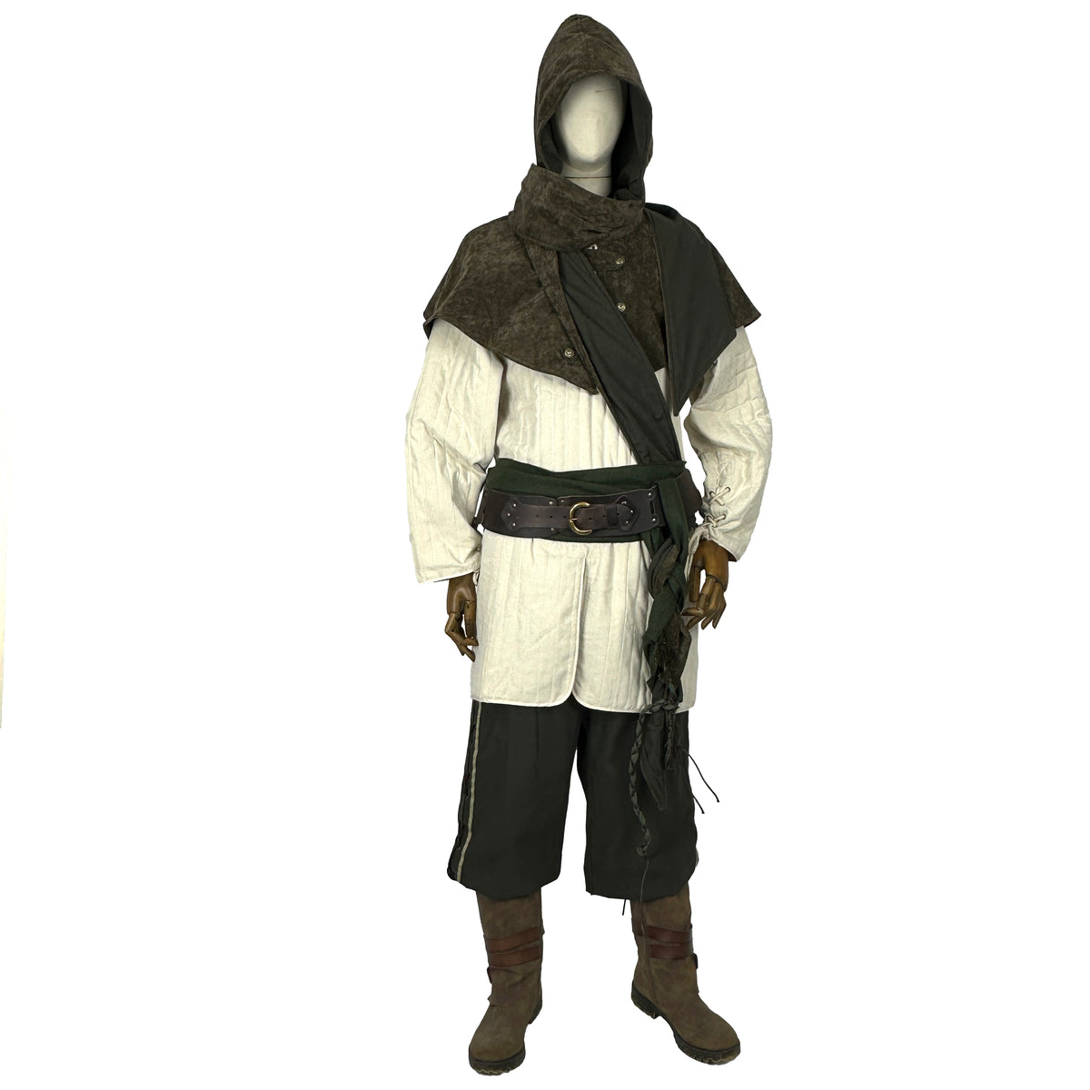 Green LARP medieval outfit with hood, gambeson, pants, arm wraps, sash, necklace.