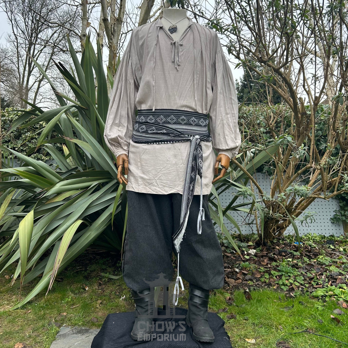 Grey medieval shirt and pants with sash, front view.