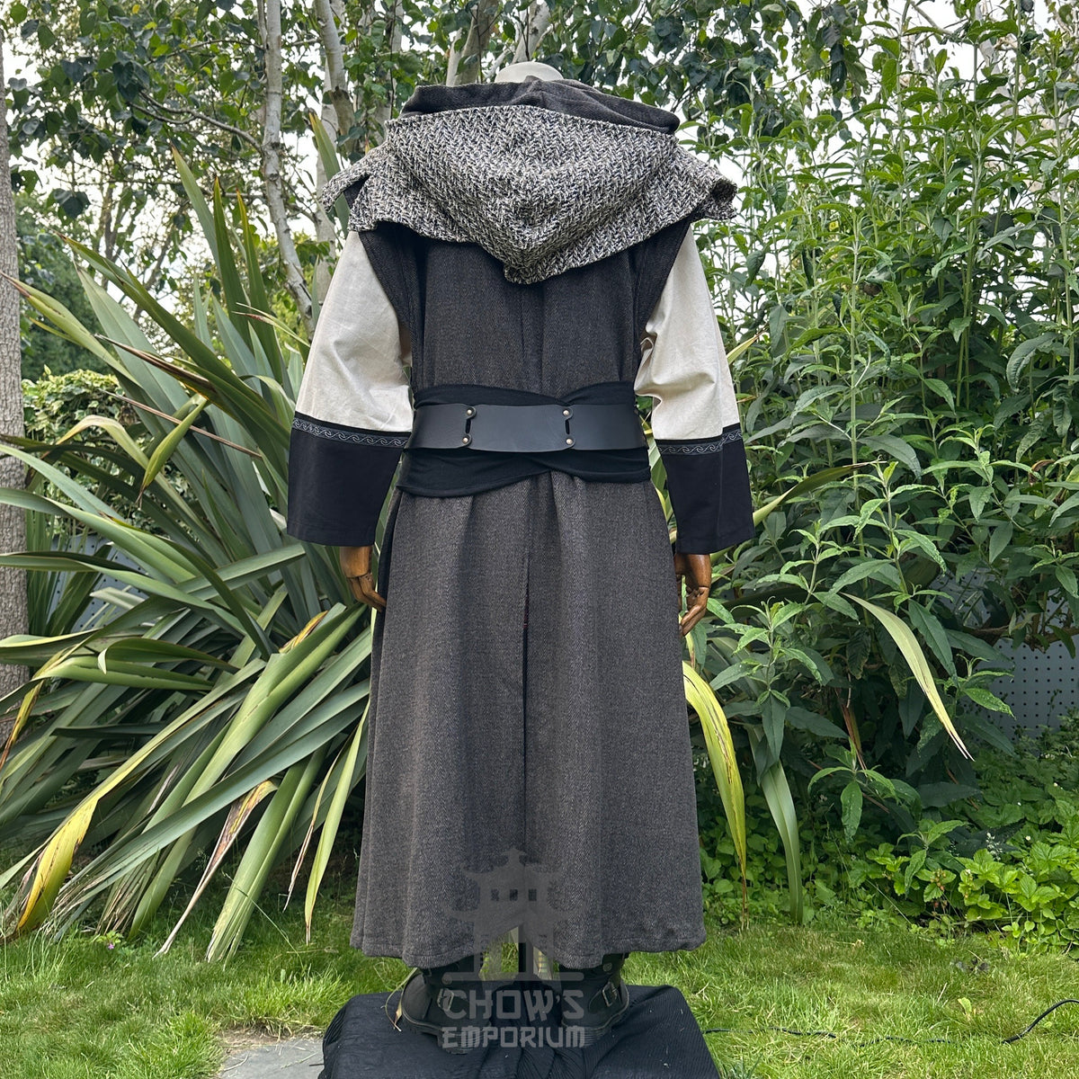 Back view of grey LARP tunic and hood with black belt, medieval style.
