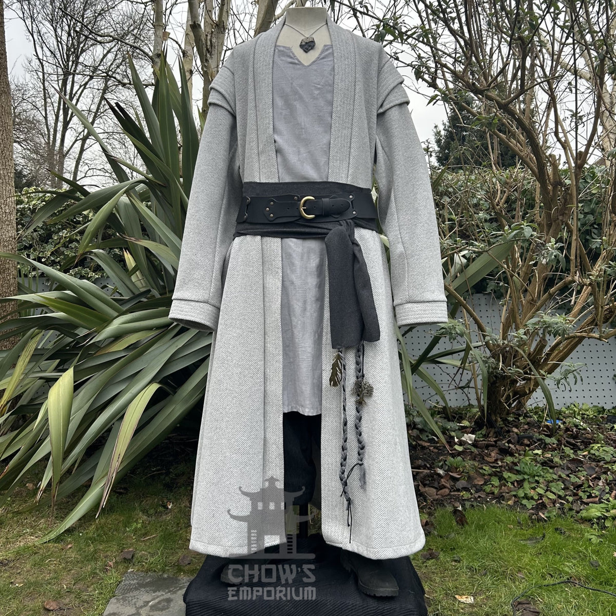 Grey medieval LARP robe, tunic, black pants, and belt sash displayed.