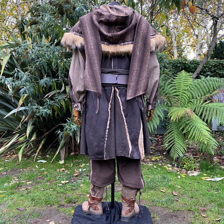 Barbarian Fighter LARP Outfit - 3 Piece Set Brown; Waistcoat, Faux Fur Trimmed Hood, Sash - Chows Emporium Ltd