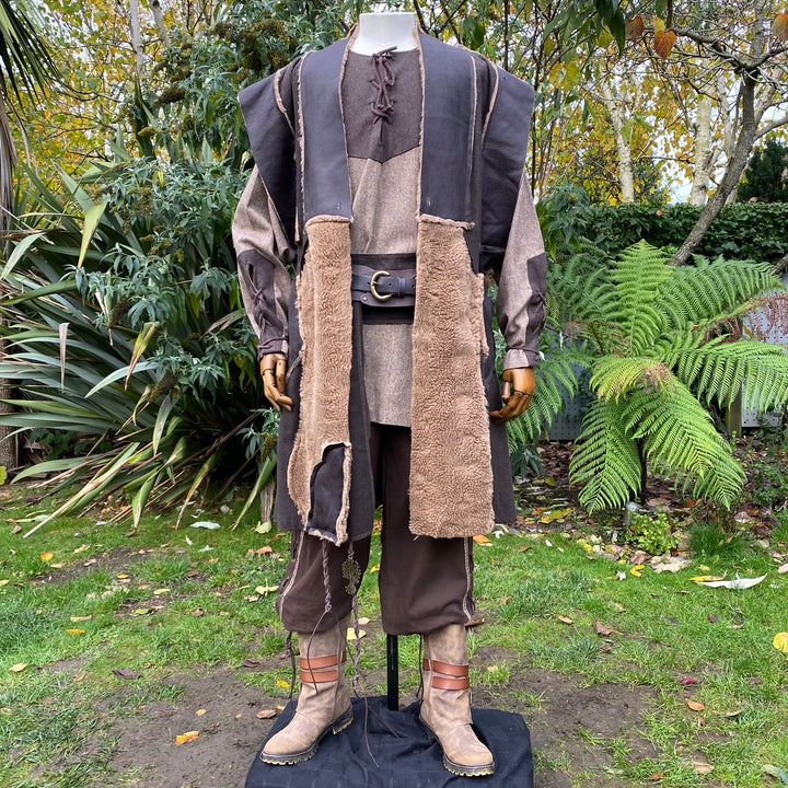 Barbarian Warrior LARP Outfit - 5 Pieces; Brown Waistcoat, Hood, Mantle, Shirt, Sash - Chows Emporium Ltd